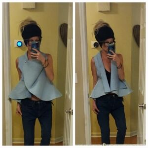 OAK AOK Gorgeous Fluted Peplum Denim Chambray Flared Vest